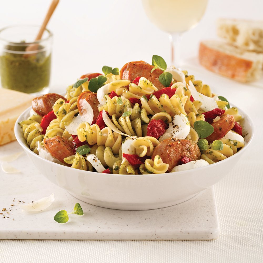 Rotinis aux saucisses, pesto et bocconcinis